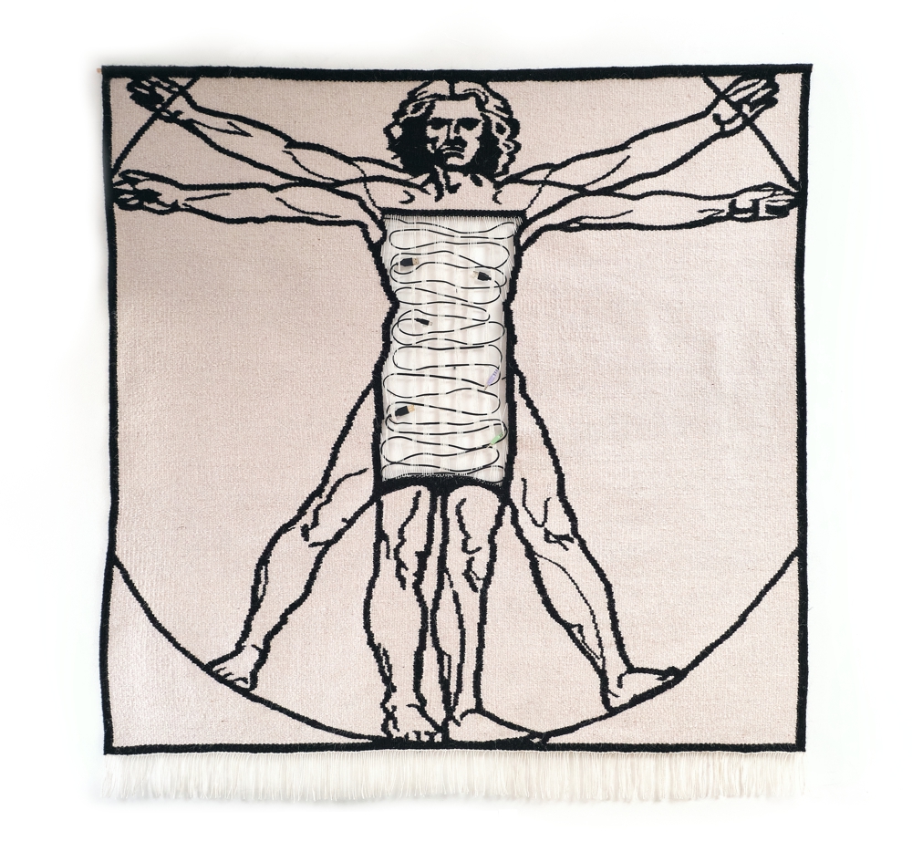 homo-technicalis-kilim-artystyczna-gobelineksperymentalna-czlowiek-witruwianski-tkanina Tkanina artystyczna inspirowana Człowiekiem witruwiańskim Leonarda da Vinci